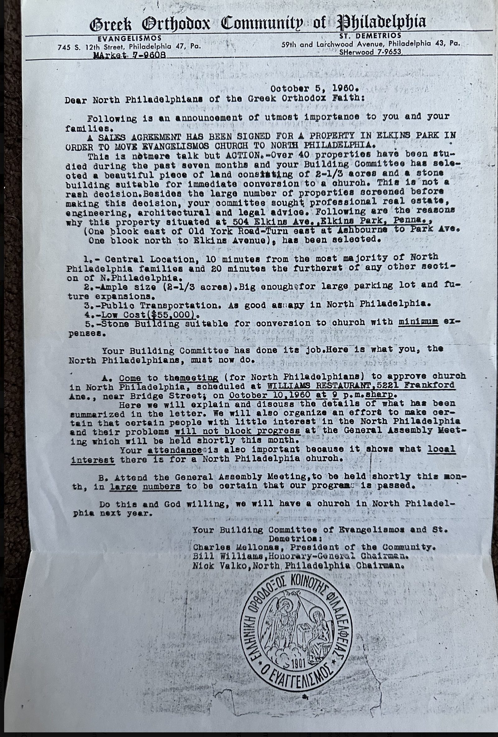 Letter dated October 5, 1960 announcing the sales agreement for the Elkins Park property.