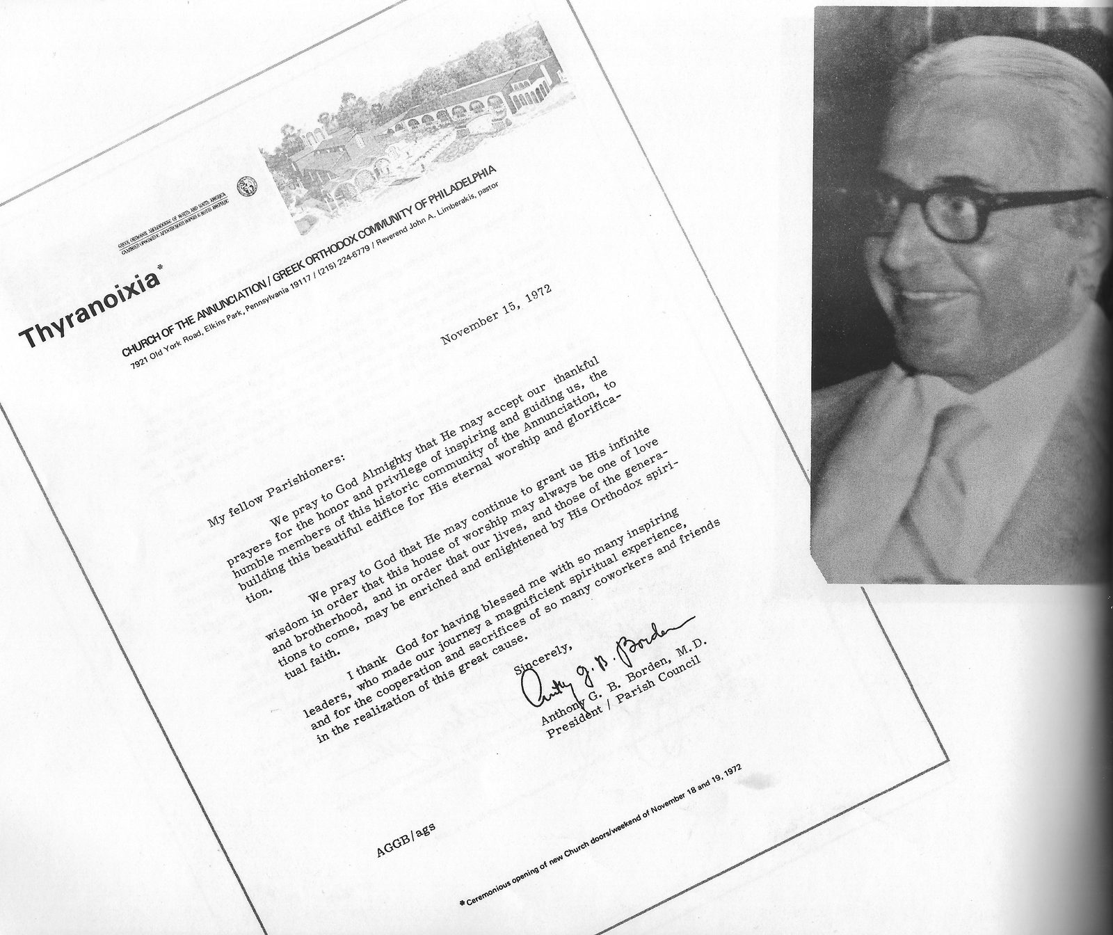 Letter from Dr. Anthony G. B. Borden, President of the Parish Council, dated November 15, 1972.