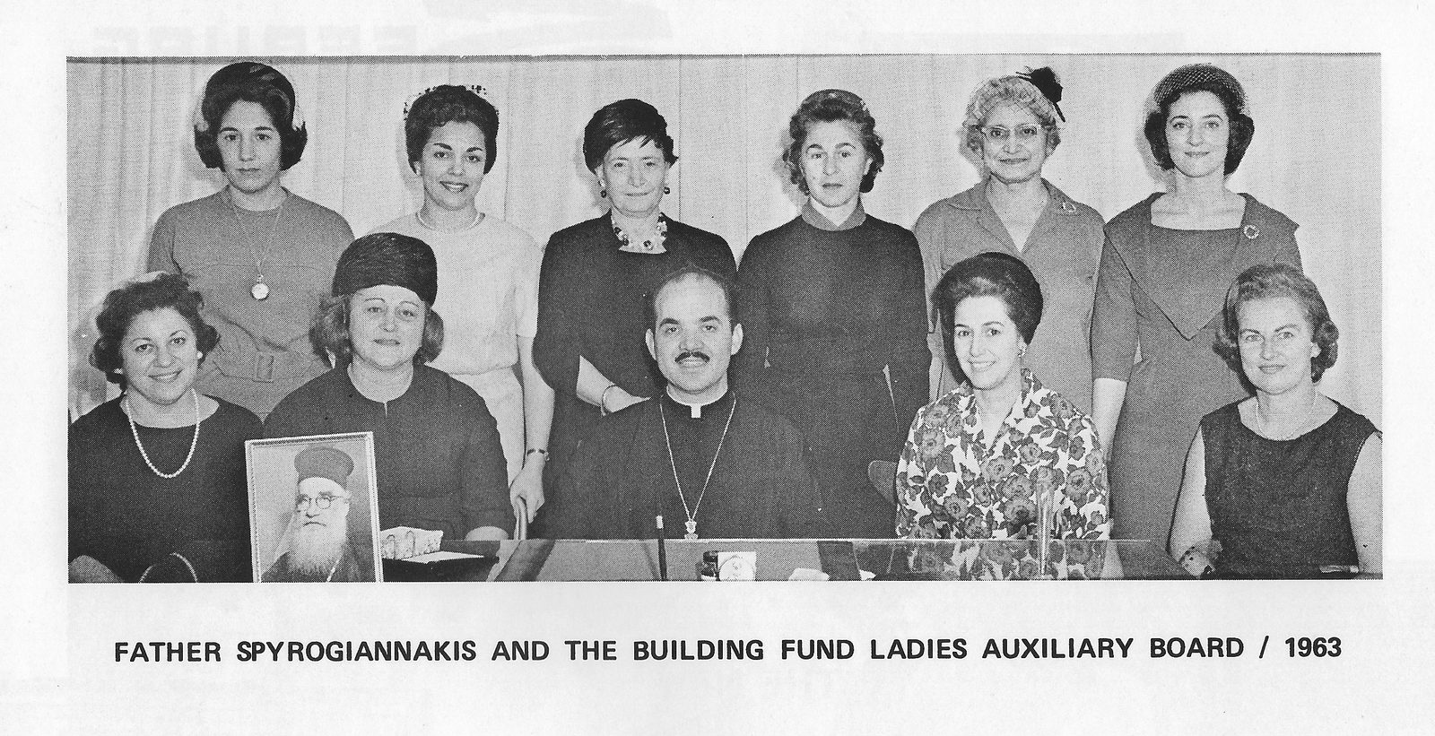 Father Spyrogiannakis and the Building Fund Ladies Auxiliary Board, 1963.