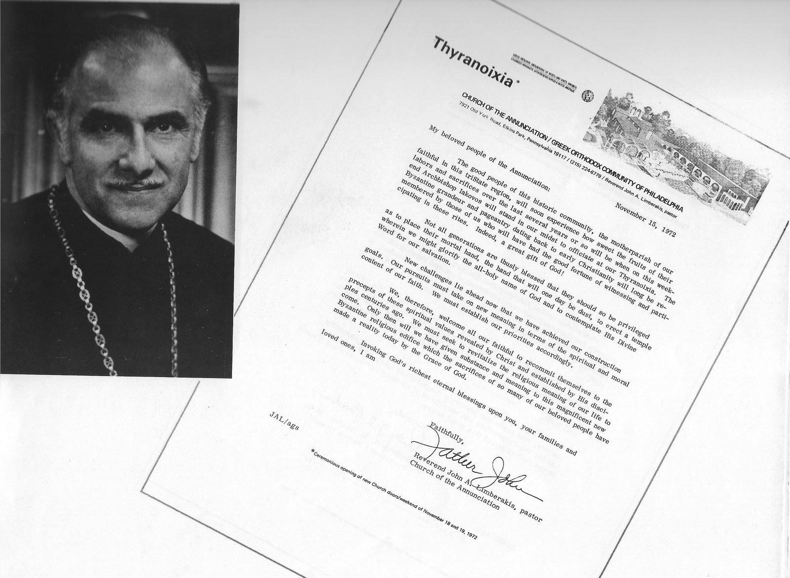 Letter from Reverend John A. Limberakis, pastor, dated November 15, 1972.